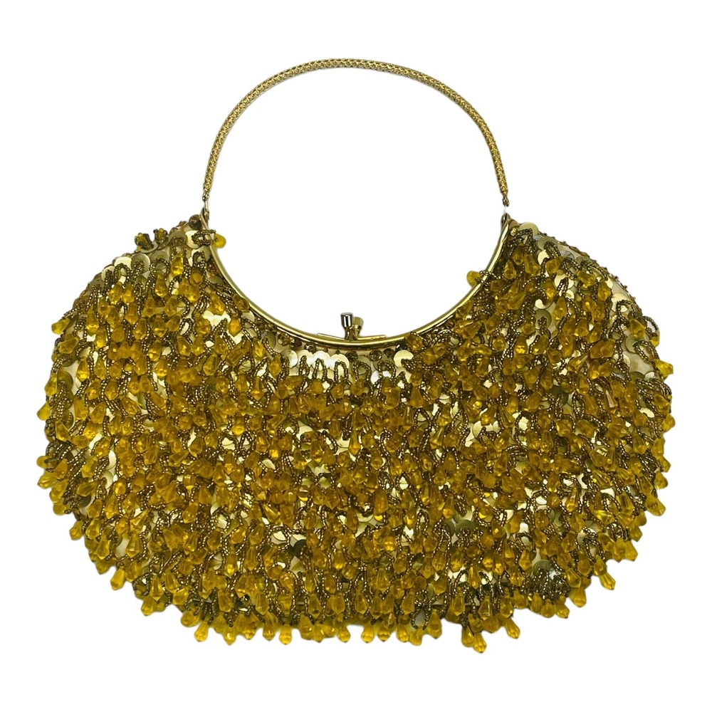 Vintage Gold Beaded Purse Large Beads Handbag Clasp Handmade Hong Kong Bling